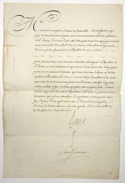 null DÉCORATION DE L'ORDRE DE SAINT LOUIS. 1776. Lettre signée du Roi LOUIS XVI (Secrétaire),...