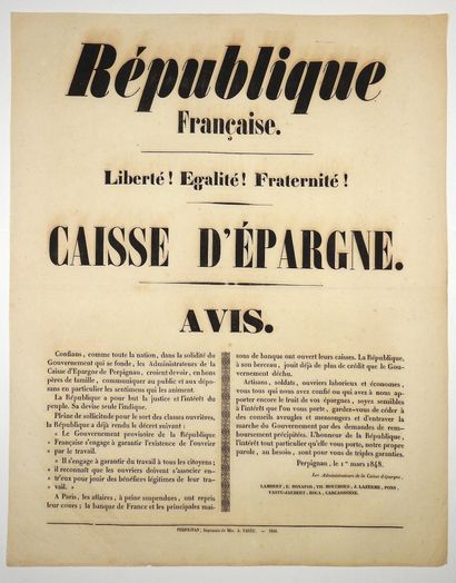 null PYRÉNÉES ORIENTALES. 1848. «RÉPUBLIQUE FRANÇAISE. LA CAISSE D'ÉPARGNE » de PERPIGNAN...