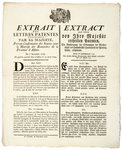 null BONNETIERS D'ALSACE. 1741. COLMAR (68) - «Extrait des Lettres patentes accordées...