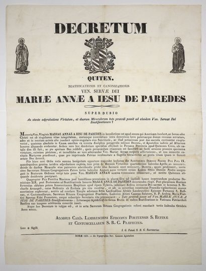 null (SAINTE MARIE-ANNE DE PAREDES) ROME 1850 - Décret de la BEATIFICATION & CANONISATION...