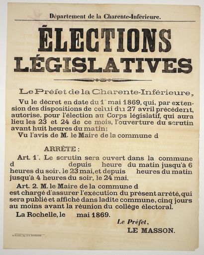 null CHARENTE-MARITIME. 3 Posters on the 1869 Elections: LA ROCHELLE (17) 15 May...