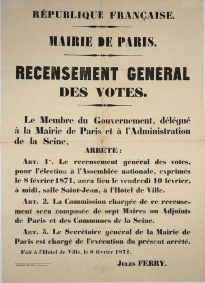 null “MAIRIE DE PARIS” - RECENSEMENT GÉNÉRAL DES VOTES DU 8 FÉVRIER 1871 - Arrêté...