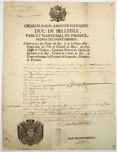 Louis Charles Auguste Fouquet, Duc de BELLE-ISLE, Maréchal de France en 1741 Signed...