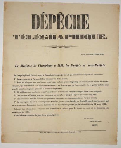 null (NIÈVRE) GENERAL MOBILIZATION 1870 - TELEGRAPHIC DISPATCH. Law on mobilization...