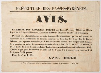 null PAU (64) 28 April 1830. Opinion of DESSOLLE Maître des Requêtes, Prefect of...