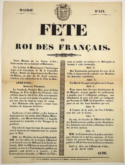 null MAIRIE D'AIX (13). 1840. LOUIS-PHILIPPE 1er «FÊTE DU ROI DES FRANÇAIS.» Arrêté...