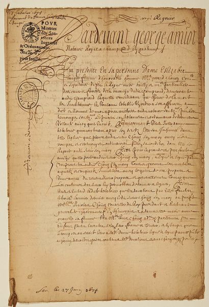 null EURE-ET-LOIR. 1674. Pardevant George AMIOT Notaire Royal à CHAMPROND-EN-GÂTINE,...