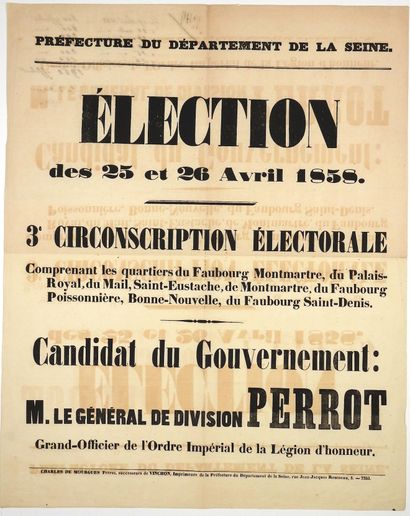 null (PARIS) Department OF THE SEINE - ELECTIONS of 25 and 26 April 1858 - Placard...