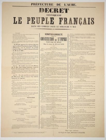 null AUBE. LA CONSTITUTION DE L'EMPIRE de 1870 «Décret convoquant le Peuple Français...