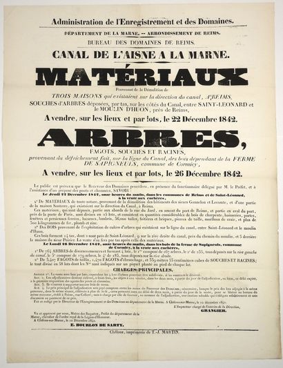 null 1842. "CANAL DE L'AISNE A LA MARNE." Bureau des Domaines de REIMS (51) - "Materials...