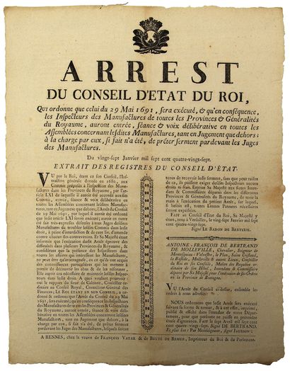 null BRETAGNE. 1787. MANUFACTURES - Arrest du Conseil d'État du Roi, qui ordonne...