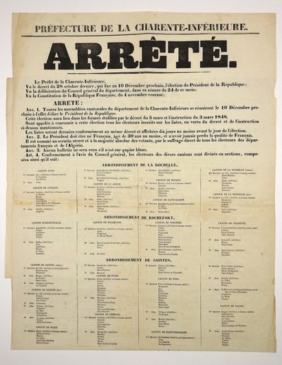 null CHARENTE-MARITIME. ÉLECTION PRÉSIDENTIELLE DE 1848 - Arrêté du préfet WISSOCQ...