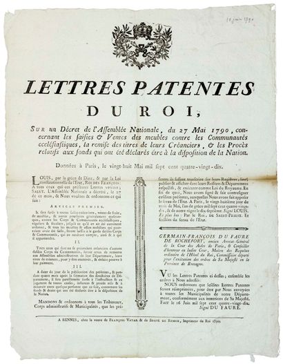 null BRETAGNE. 1790. (ABOLITION DU CLERGÉ RÉGULIER.) - ”Lettres patentes du Roi,...