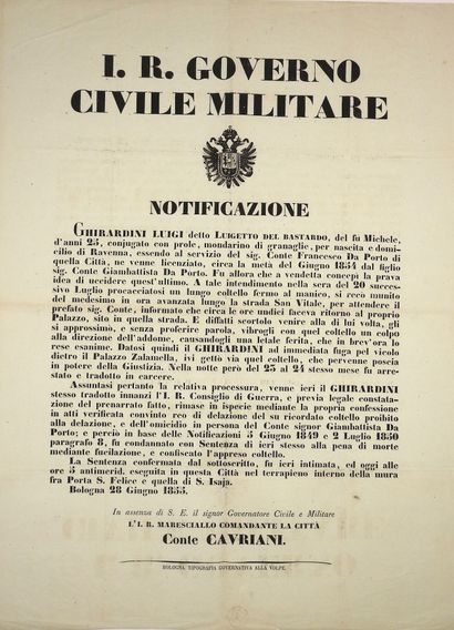 null (ITALY) BOLOGNA 28 June 1855. DEATH PENALTY & SHOT - "I.R. GOVERNO CIVILE MILITARE."...