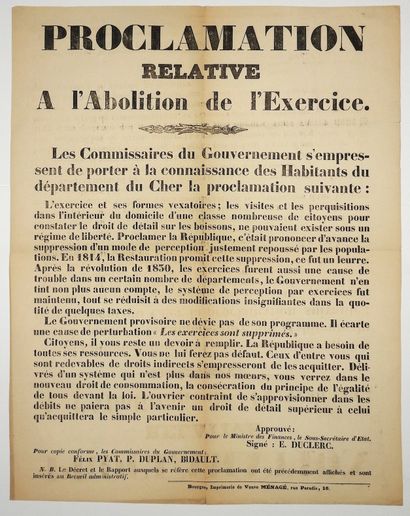 null CHER. 1848. «Proclamation relative à L'ABOLITION DE L'EXERCICE.» «Les Commissaires...