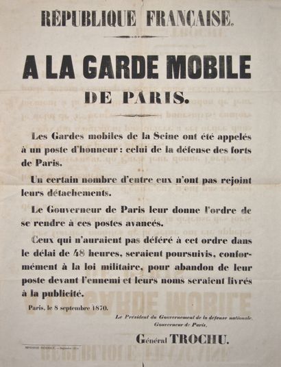 null PARIS, le 8 Septembre 1870 - Avis du Général TROCHU Le Président du GOUVERNEMENT...