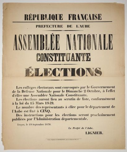 null TROYES, le 19 Septembre 1870 - Préfecture de l'AUBE. ÉLECTIONS DE L'ASSEMBLÉE...