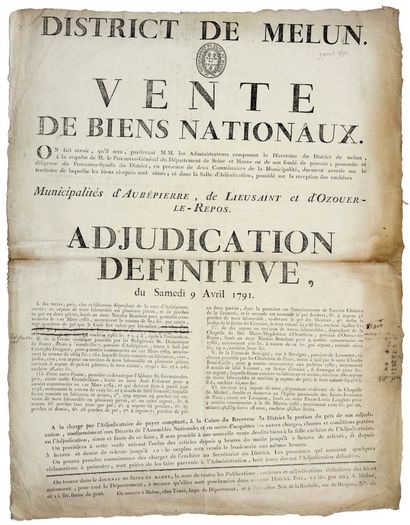 null SEINE ET MARNE. 1791. “DISTRICT DE MELUN. VENTE DE BIENS NATIONAUX.” Municipalités...