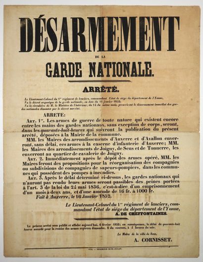 null ÉTAT DE SIÈGE DU DÉPARTEMENT DE L'YONNE. COUP-D'ÉTAT DU 2 DÉCEMBRE (1851). «DÉSARMEMENT...