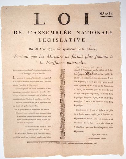 null ABOLITION DE LA PUISSANCE PATERNELLE. 1792. PUY-DE-DÔME. «Loi de l'Assemblée...
