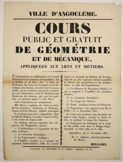 null CHARENTE. 1832. City of ANGOULEME. "Public and free course of GEOMETRY and MECHANICS...