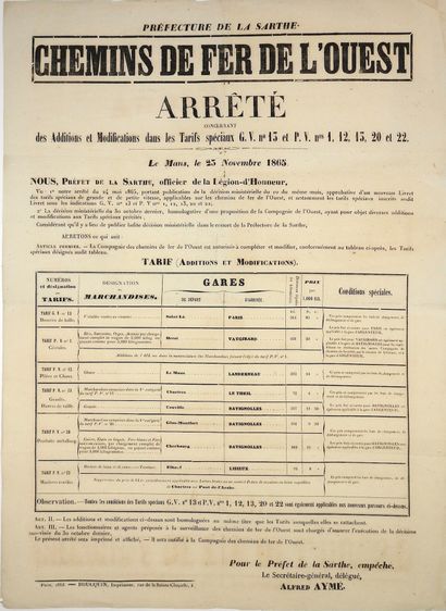 null SARTHE. 1865. “CHEMINS DE FER DE L'OUEST” : Arrêté concernant des additions...