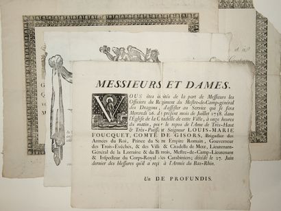 null METZ (MOSELLE) 4 Placards mortuaires in-plano (1788 - 1816). Qq. défauts : «Messieurs...