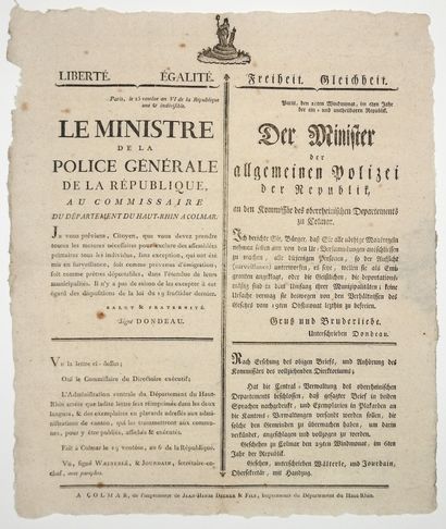 null BAS-RHIN. 1798. COLMAR. Address of DONDEAU "Le Ministre de la Police Générale...