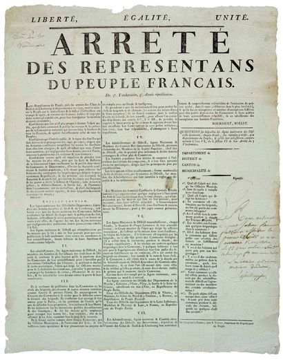 null CHOUANS. 1794 - Arrêté des Représentants du Peuple Français près les Armées...