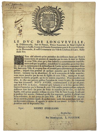 null NORMANDIE. 1655. Henry d'ORLÉANS «Le Duc de LONGUEVILLE, & D'Estouteville, Pair...