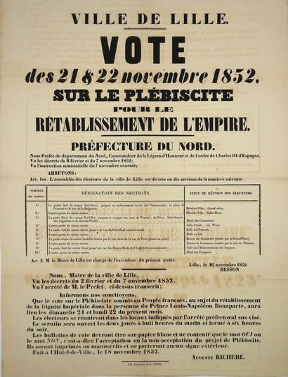 null NAPOLEON III LILLE (59) "VOTE of 21 & 22 November 1852, on the Plebiscite for...