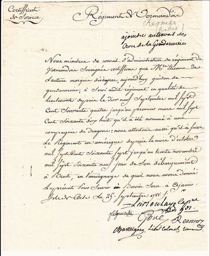null (CORSICA) "Regiment de VERMANDOIS" - Certificate of Service for Messire Étienne...