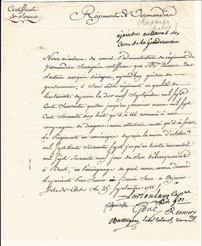 null (CORSE) “Régiment de VERMANDOIS” - Certificat de Service pour Messire Étienne...