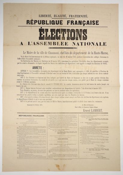 null HAUTE-MARNE. 1871. ÉLECTIONS À L'ASSEMBLÉE NATIONALE - Arrêté du Maire de la...