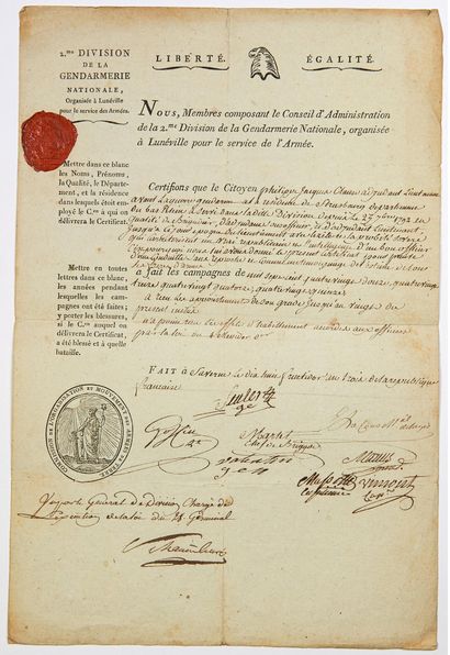 null LUNÉVILLE (54). GENDARMERY . 1795 - Exhibit signed by the Board of Directors...