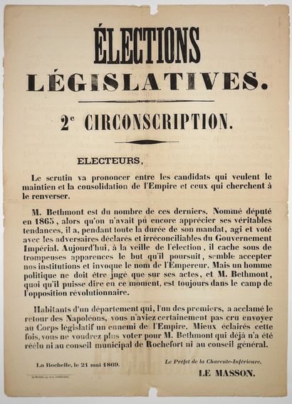 null CHARENTE-MARITIME. 3 Affiches sur les Elections de 1869 : LA ROCHELLE (17) 15...