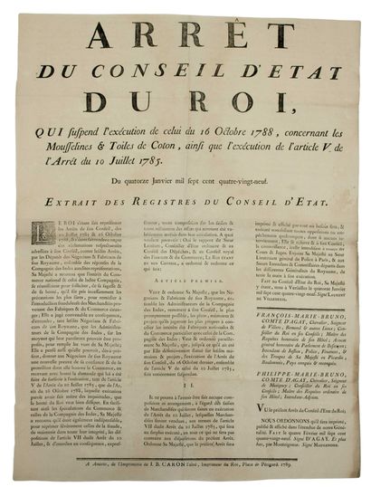 null PICARDY. SUM. 1789. TOILES DE LA COMPAGNIE DES INDES - Arrêt du Conseil d'Etat...