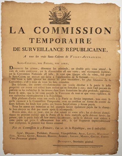 null VILLE AFFRANCHIE (LYON). 1793. TRÉSORS DES ÉMIGRÉS. Avis du 7 Frimaire An 2...