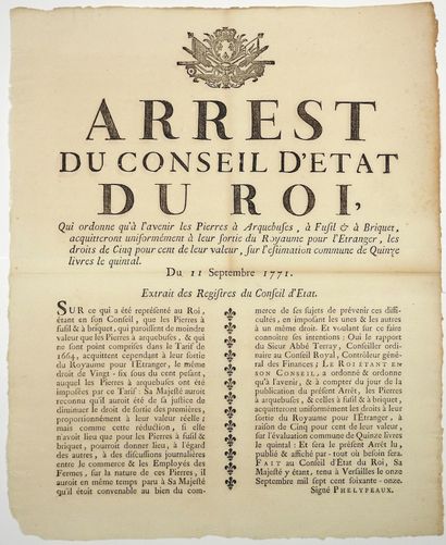 null PIERRES A ARQUEBUSES, A FUSIL & A BRIQUET, 1771. «Arrest du Conseil d'Etat du...