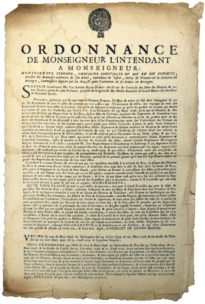 null BRETAGNE. 1714 - «Ordonnance de Monseigneur l'Intendant (ROUCELLET DE GRAND-MAISON),...
