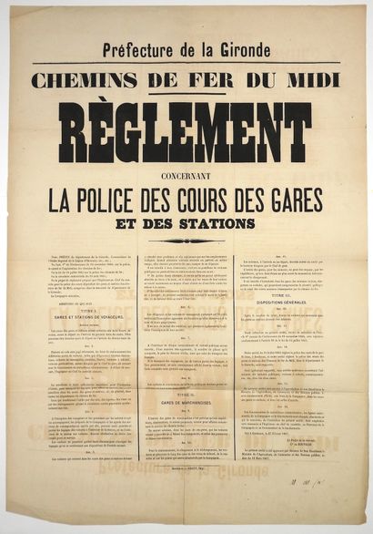 null (GIRONDE) 1867. "CHEMIN DE FER DU MIDI." By-law concerning the policing of station...