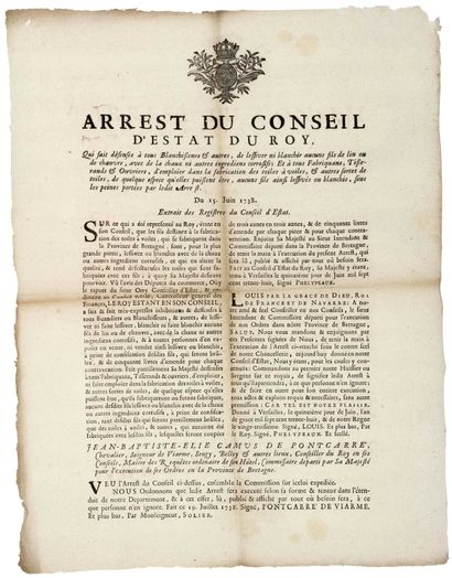 null TOILES À VOILE QUI SE FABRIQUENT EN BRETAGNE. 1738 - “Arrest du Conseil d'État...