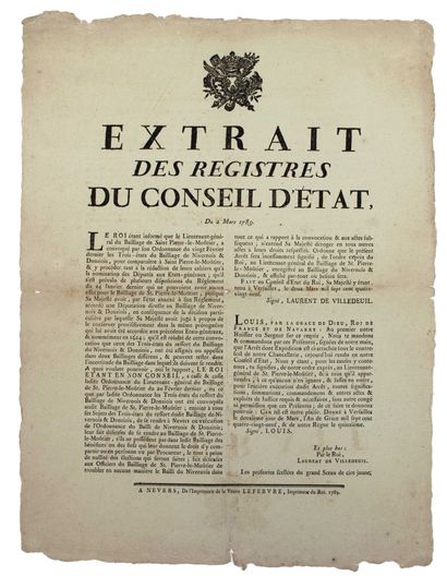 null NIÈVRE. ÉTATS-GÉNÉRAUX DE 1789 - Extrait des registres du Conseil d'État, du...