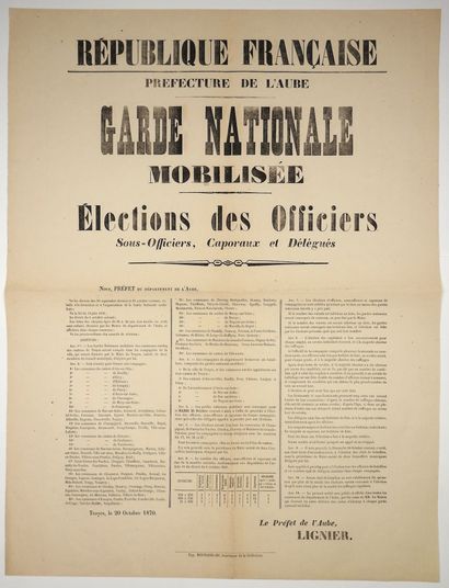 null TROYES, le 20 Octobre 1870 - Préfecture de l'AUBE - «GARDE NATIONALE MOBILISÉE...