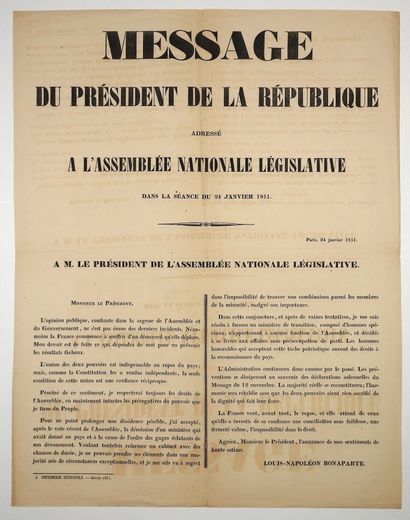null 1851. MESSAGE DU PRÉSIDENT DE LA RÉPUBLIQUE LOUIS-NAPOLÉON BONAPARTE ADRESSÉ...
