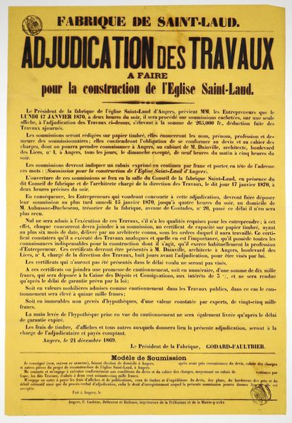 null ANGERS (Maine-et-Loire) 24 Décembre 1869. «ADJUDICATION des Travaux à faire...