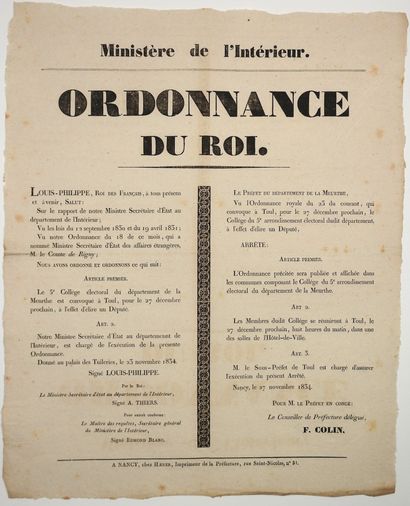 null DEATH. NANCY (54). 2 Posters on the 1834 ELECTIONS: Orders of King LOUIS-PHILIPPE...