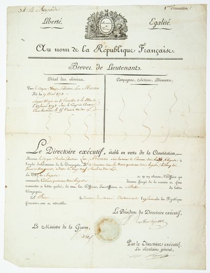 null (GUNNERS) LIEUTENANT'S CERTIFICATE. Piece signed LAREVELLIÈRE-LEPEAUX (1753-1824;...