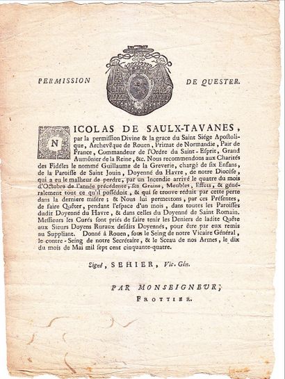 null NORMANDY. LE HAVRE (76). PERMISSION TO QUEST (Quest), issued by Nicolas de SAULX-TAVANES...