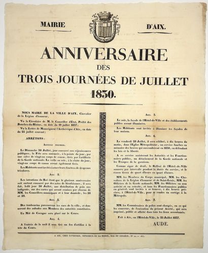 null 1837. MAIRIE D'AIX (13). “ANNIVERSAIRE DES TROIS JOURNÉES DE JUILLET 1830.”...